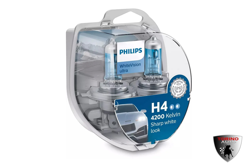 Лампа галогеновая "Philips" H4 (60/55W 12V) WhiteVision Ultra + W5W 2шт+ QR код подлинности/12342WVU